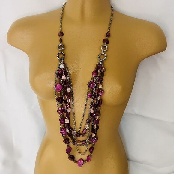 Sonoma Silver Tone Necklace Pink Shades Multi Layer Genuine Shell Stones - Picture 1 of 11